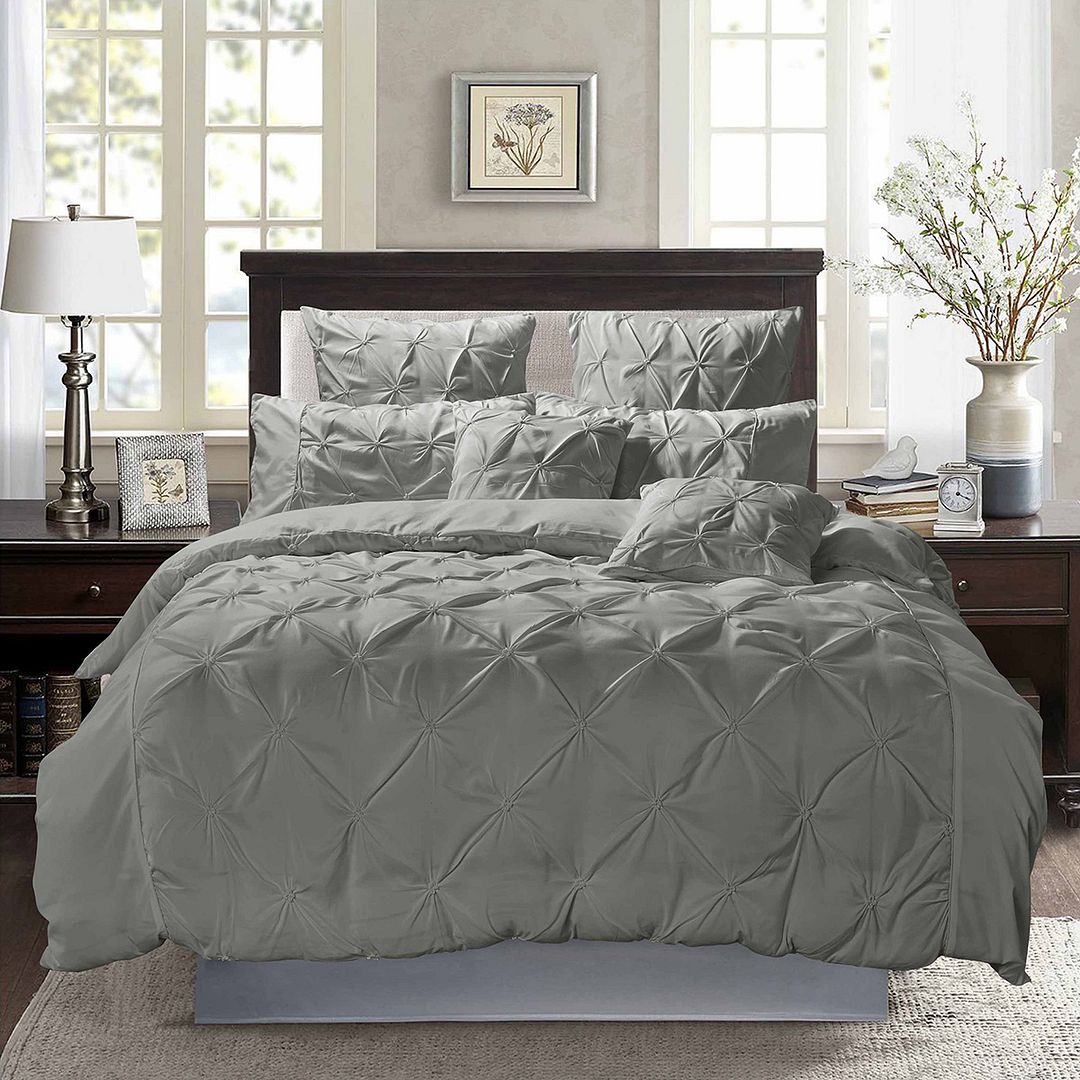 Diamond Pintuck | Super King Size | Grey | Duvet Quilt Cover Set