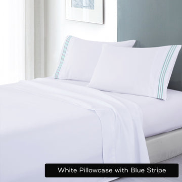 Soft Microfibre Embroidered Stripe Sheet Set | Double | White Pillowcase Blue Stripe