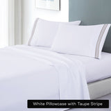 Soft Microfibre Embroidered Stripe Sheet Set | King | White Sheet Taupe Stripe