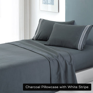 Soft Microfibre Embroidered Stripe Sheet Set | King Single | Charcoal Pillowcase White Stripe