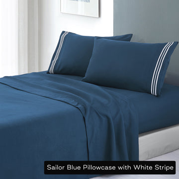 Soft Microfibre Embroidered Stripe Sheet Set | King Single | Sailor Blue Pillowcase White Stripe
