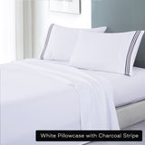 White Soft Microfibre Sheet Set with Colourful Embroidered Stripe | King | Charcoal Stripe