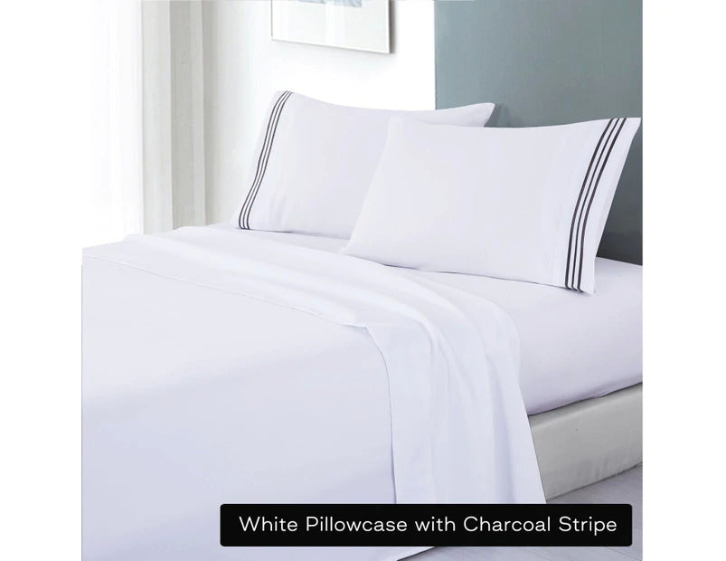 Soft Microfibre Embroidered Stripe Sheet Set | Queen | White Pillowcase Charcoal Stripe