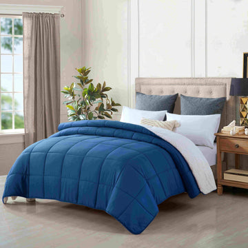 King Size Reversible Plush Soft Sherpa Comforter Quilt | Navy Blue