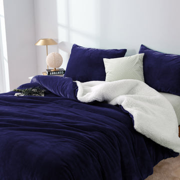 2 in 1 Teddy Sherpa Duvet Cover Set and Blanket | Queen | Midnight