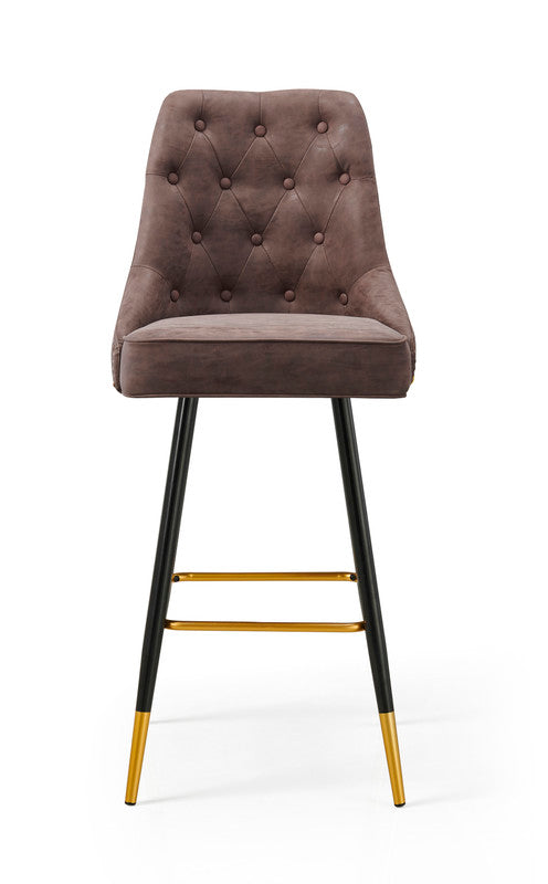 Modern Bar Chair Leather Stool | Counter Brown | Mid-Century Wood x 2