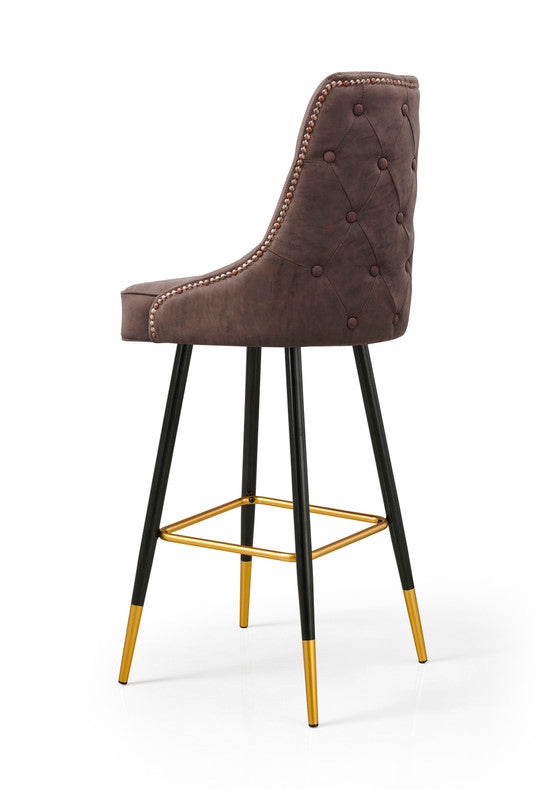Modern Bar Chair Leather Stool | Counter Brown | Mid-Century Wood x 2