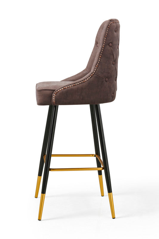 Modern Bar Chair Leather Stool | Counter Brown | Mid-Century Wood x 2