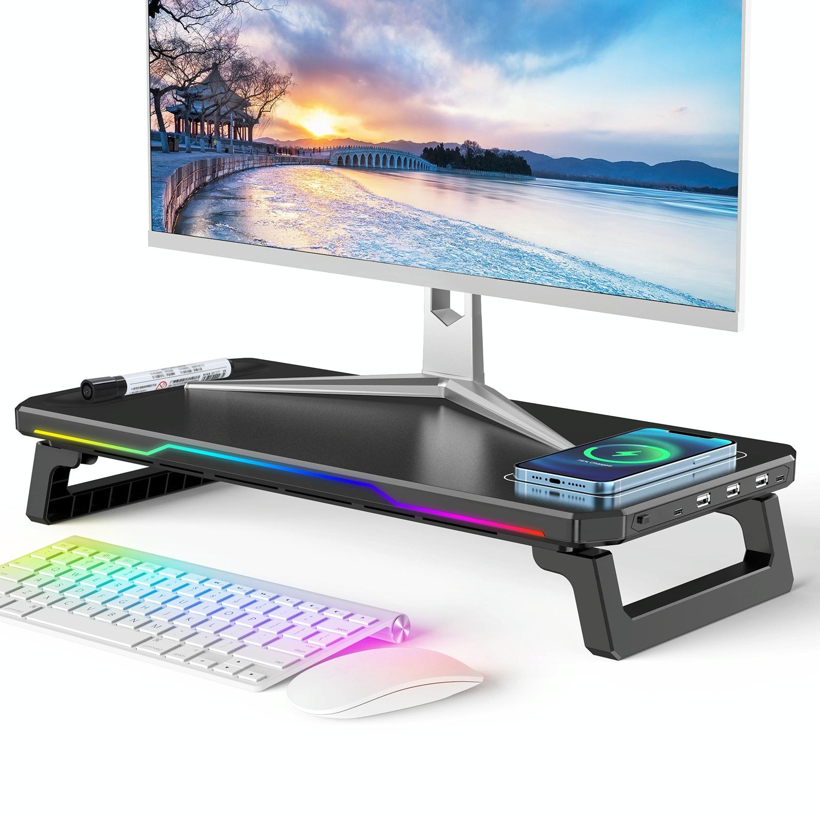 USB Monitor Stand Riser with Type-C Ports | Wireless Charging | Black