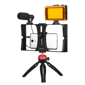 Live Broadcast Vlogging Kit with LED Light, Microphone, Tripod & Cold Shoe Head | Blue