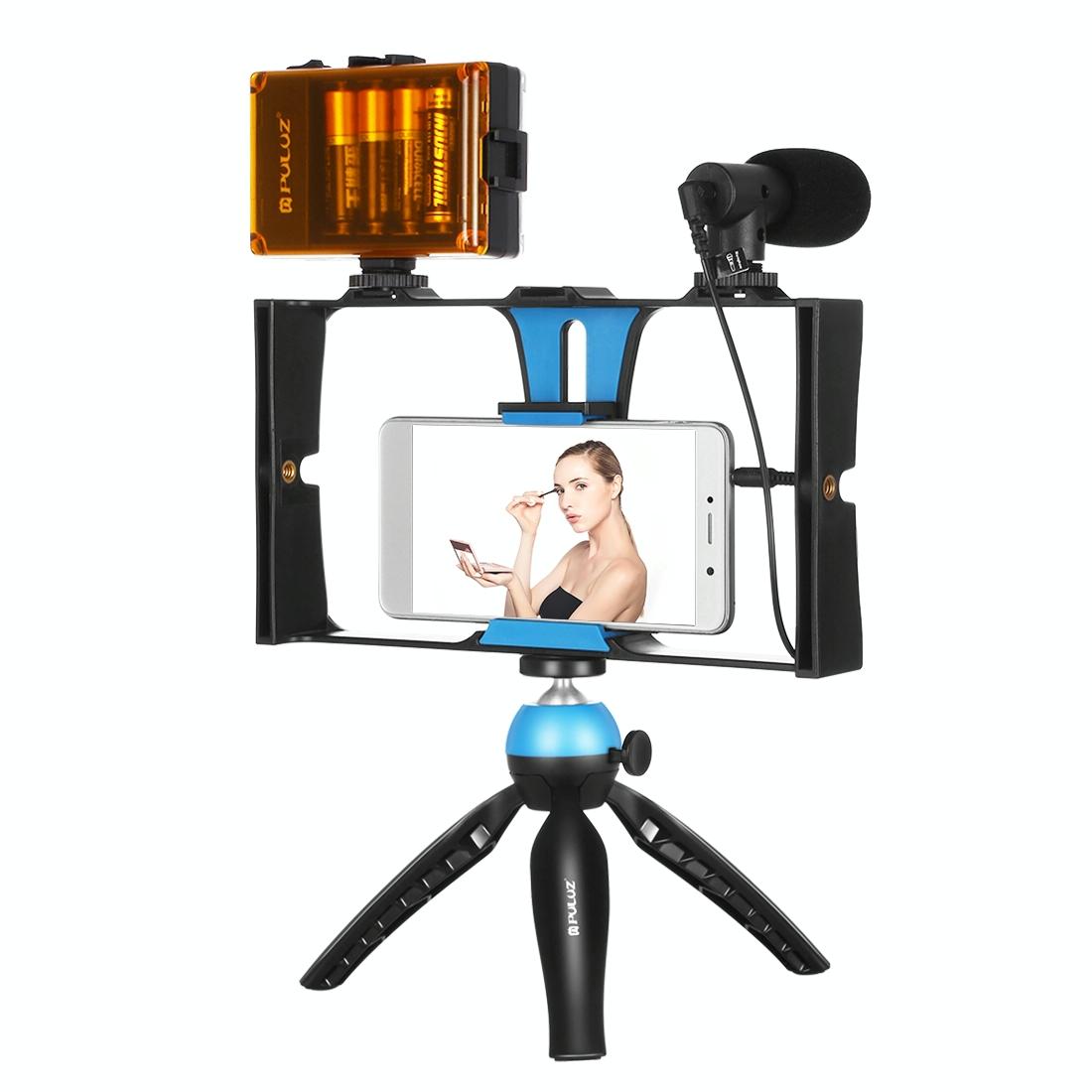 Live Broadcast Vlogging Kit with LED Light, Microphone, Tripod & Cold Shoe Head | Blue