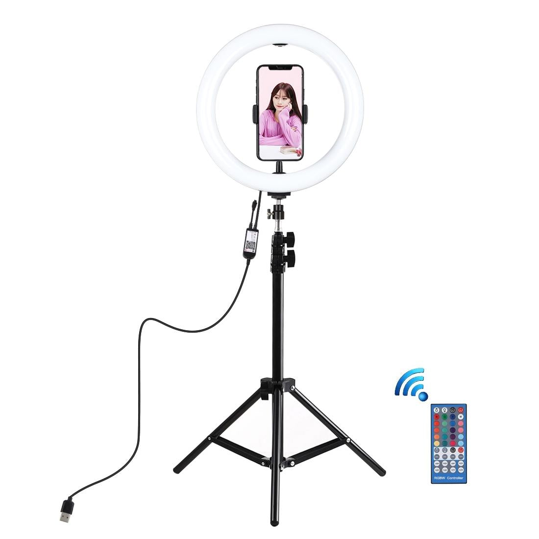 10.2 RGBW LED Ring Light Kit with 1.1M Tripod, Remote, Ball Head, and Phone Clamp