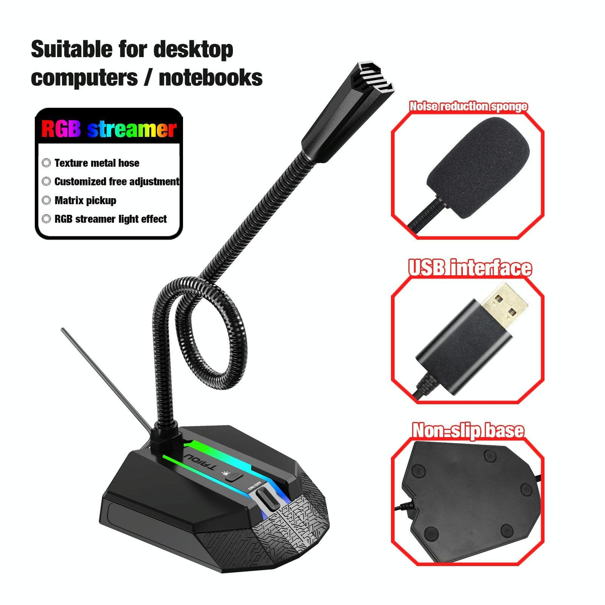 Flexible USB Microphone with RGB Lighting for Voice Chat & Video Conferencing