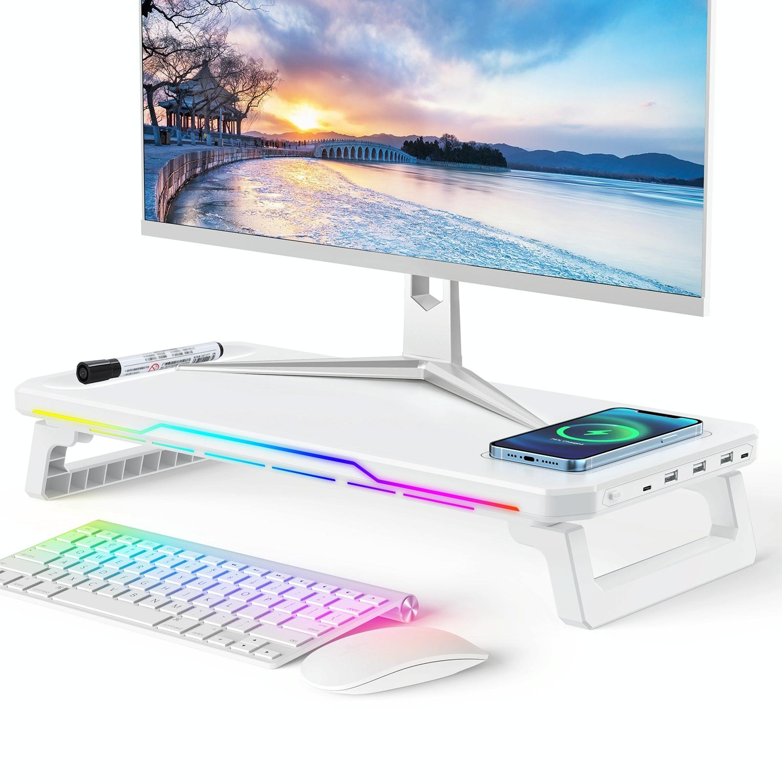 USB Monitor Stand Riser with Type-C Ports | Wireless Charging | White