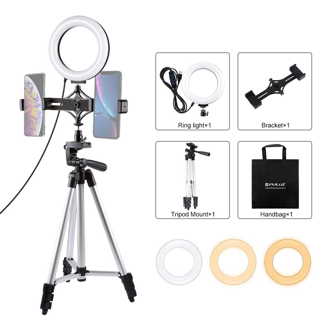 Live Broadcast Dual Phone Bracket & 6.2 Inch LED Ring Light Kit with Tripod Mount