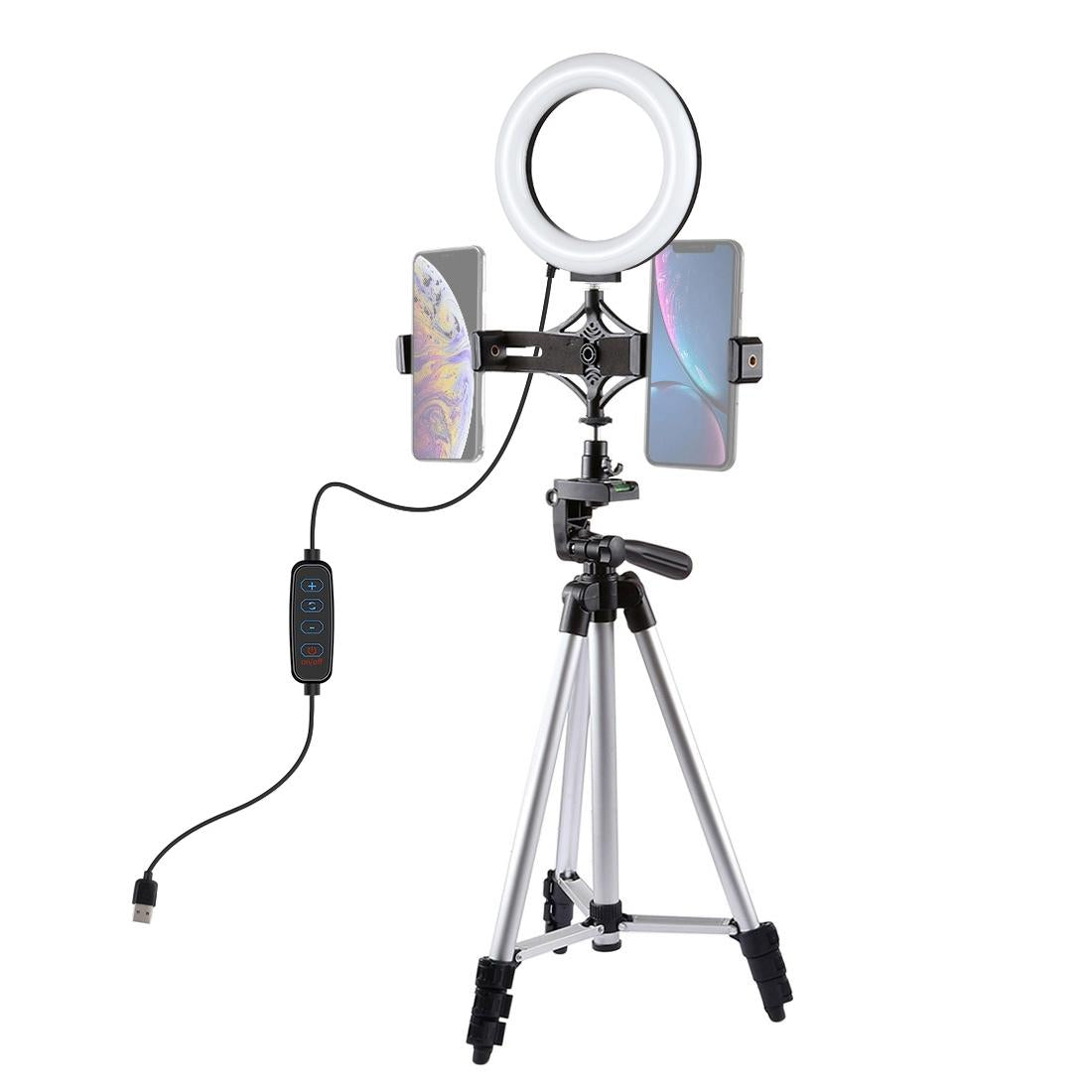 Live Broadcast Dual Phone Bracket & 6.2 Inch LED Ring Light Kit with Tripod Mount