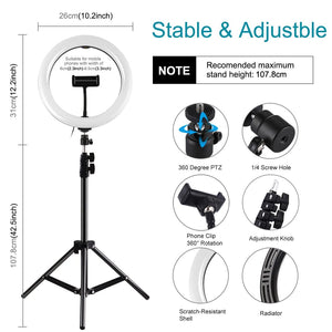10.2" RGBW LED Ring Light Kit with 1.1m Tripod & Phone Clamp
