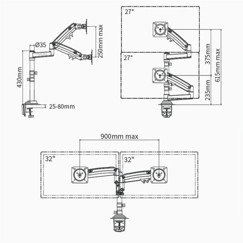Dual Arm Clamp for LCD TV | Full Motion | 22-32" | Gas Spring Support | Desk Monitor Holder