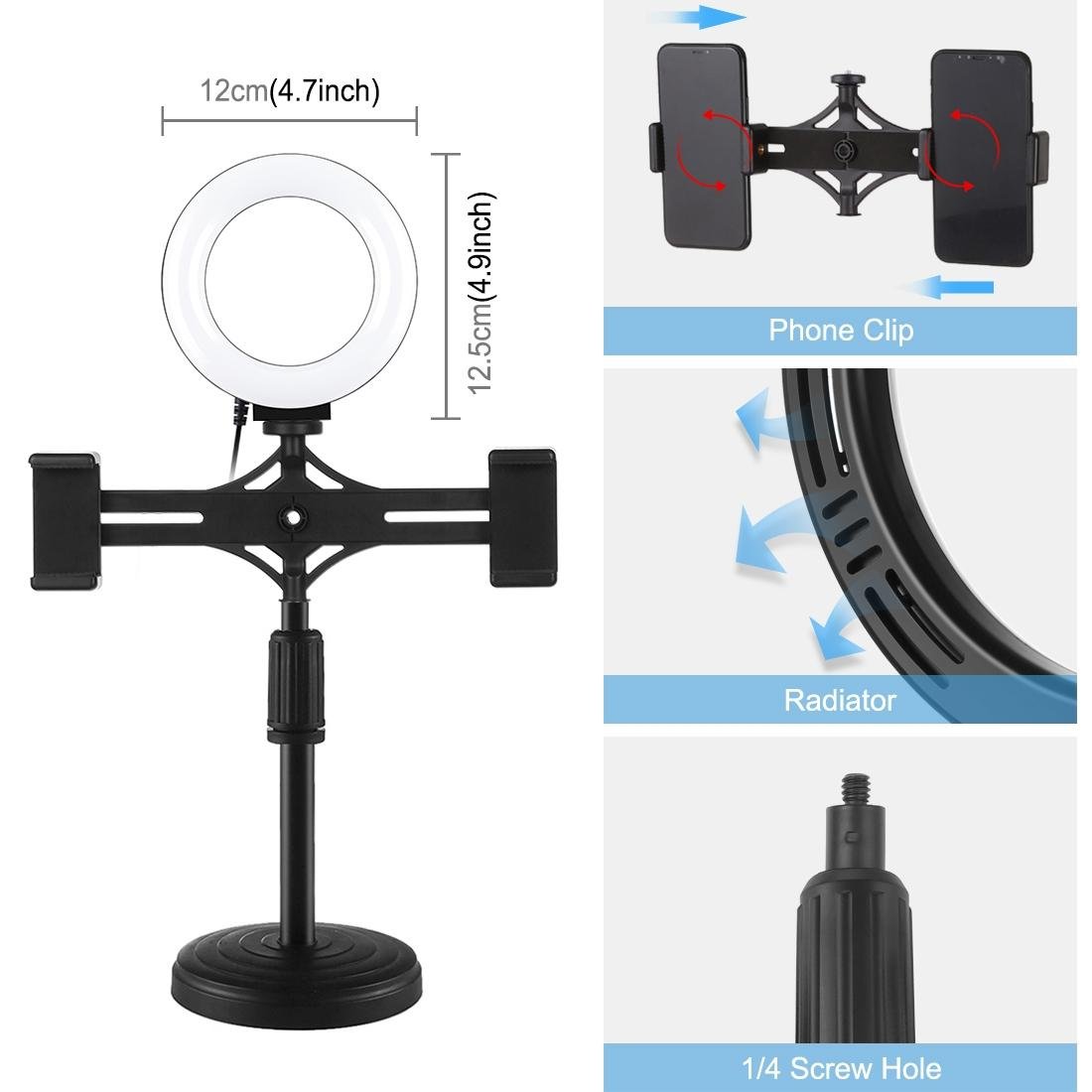Horizontal Dual Phone Brackets Desktop Ring Light Kit | 4.7 - Inch