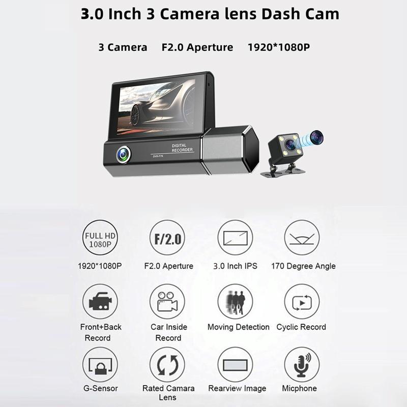 1080P HD Multi-Language Driving Recorder with 3 Lenses