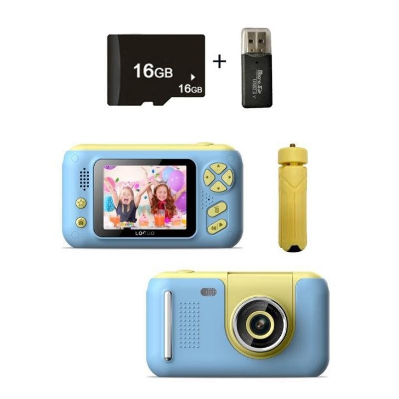 2.4" HD Reversible Kids Camera + 16GB Memory Card & Reader | Yellow & Blue