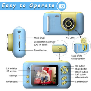 2.4" HD Reversible Kids Camera + 16GB Memory Card & Reader | Yellow & Blue