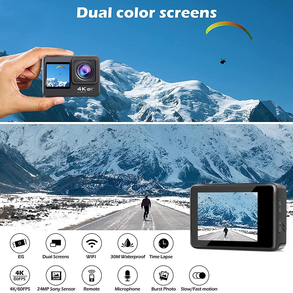 Outdoor Waterproof Dual-Screen WiFi Sports Camera with Anti-Shake HD Video