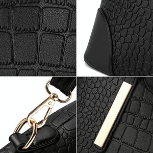 Vintage 2-in-1 Messenger Bag with Crocodile Pattern & Leather Wallet | Black
