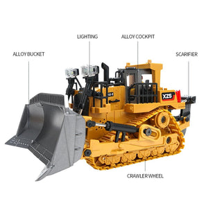 9-Channel Remote Control Bulldozer Toy with Alloy Excavator