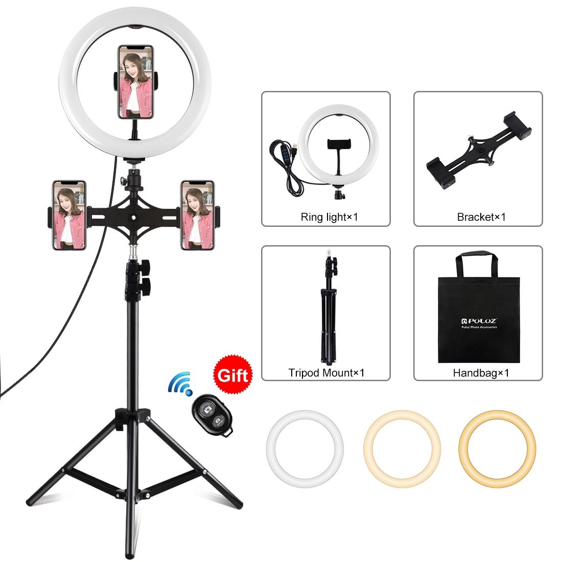 10.2 LED Ring Light with Tripod & Dual Phone Brackets | USB Dimmable | Dual Colour Temperature Selfie Remote | Black