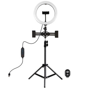 10.2 LED Ring Light with Tripod & Dual Phone Brackets | USB Dimmable | Dual Colour Temperature Selfie Remote | Black