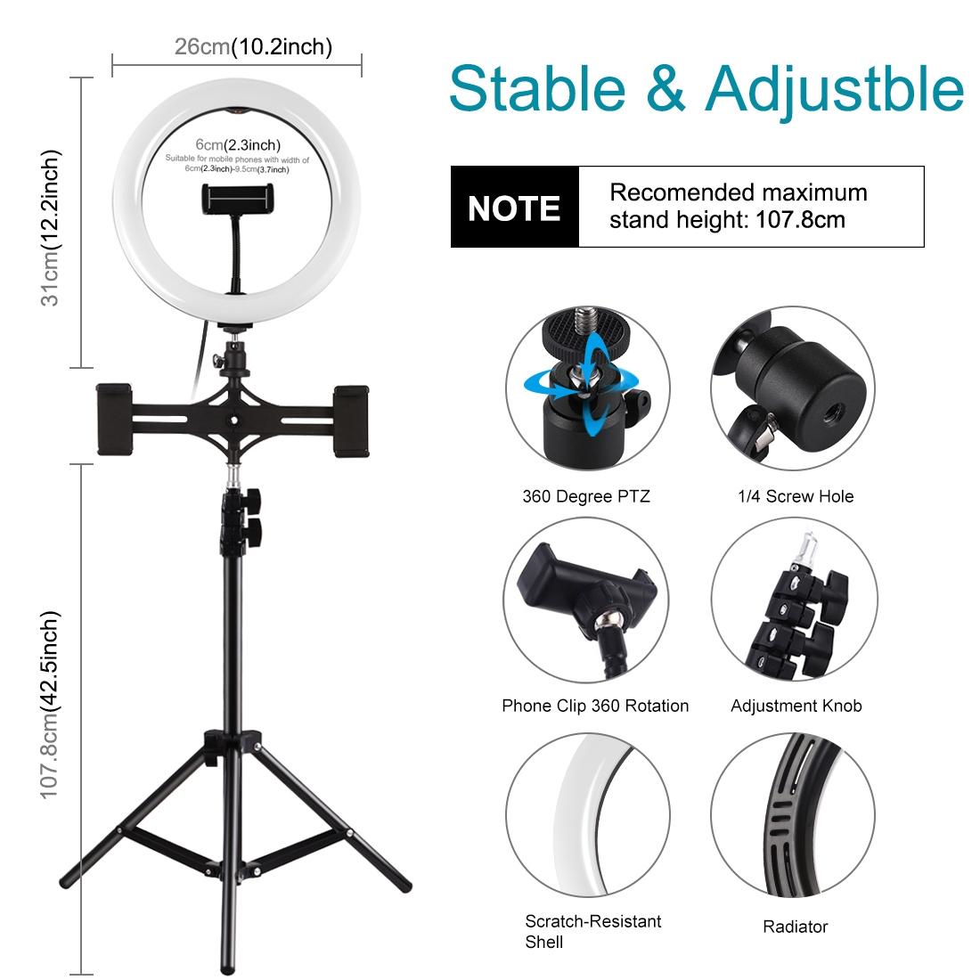 10.2 LED Ring Light with Tripod & Dual Phone Brackets | USB Dimmable | Dual Colour Temperature Selfie Remote | Black