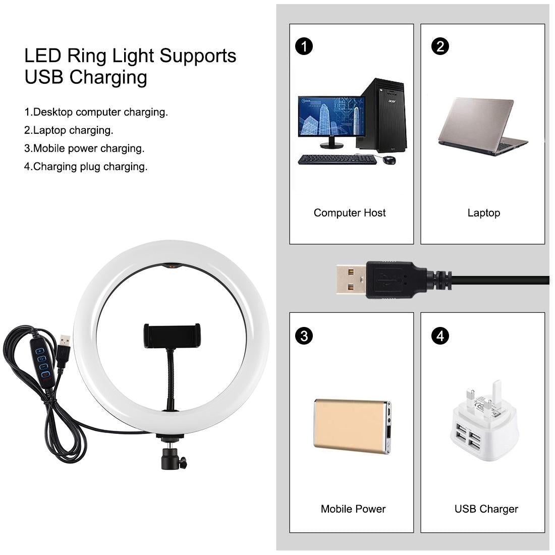 10.2 LED Ring Light with Tripod & Dual Phone Brackets | USB Dimmable | Dual Colour Temperature Selfie Remote | Black