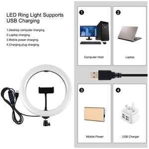 10.2 LED Ring Light with Tripod & Dual Phone Brackets | USB Dimmable | Dual Colour Temperature Selfie Remote | Black