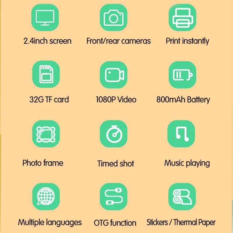 Instant Printing Camera with 2.4" HD Screen & 32GB TF Card | Green
