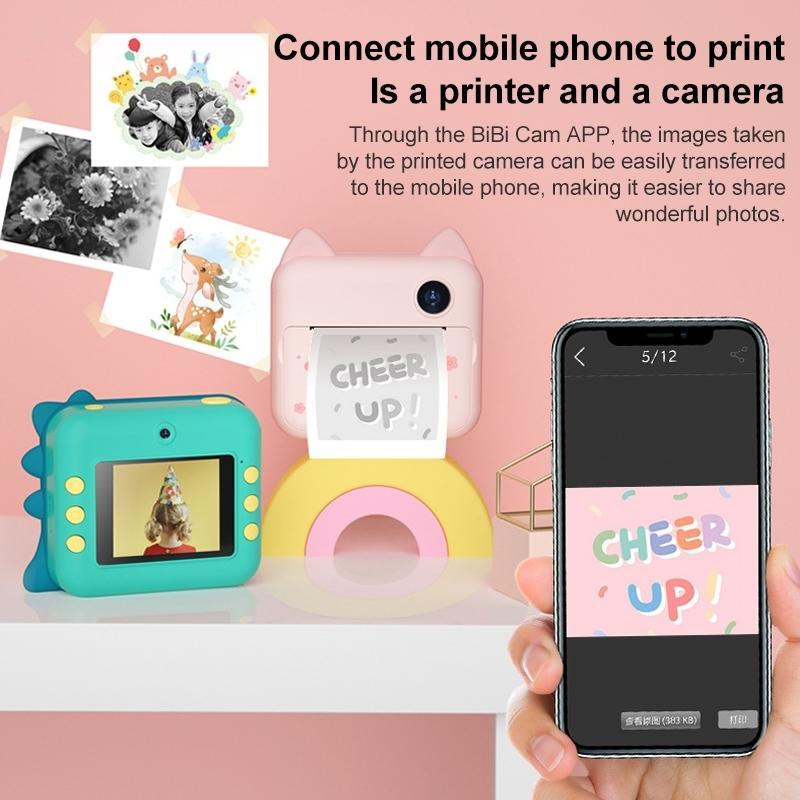 Instant Camera for Kids with Dual-Lens Mini Print | Green Dinosaur Design | Pink Cat | No Card