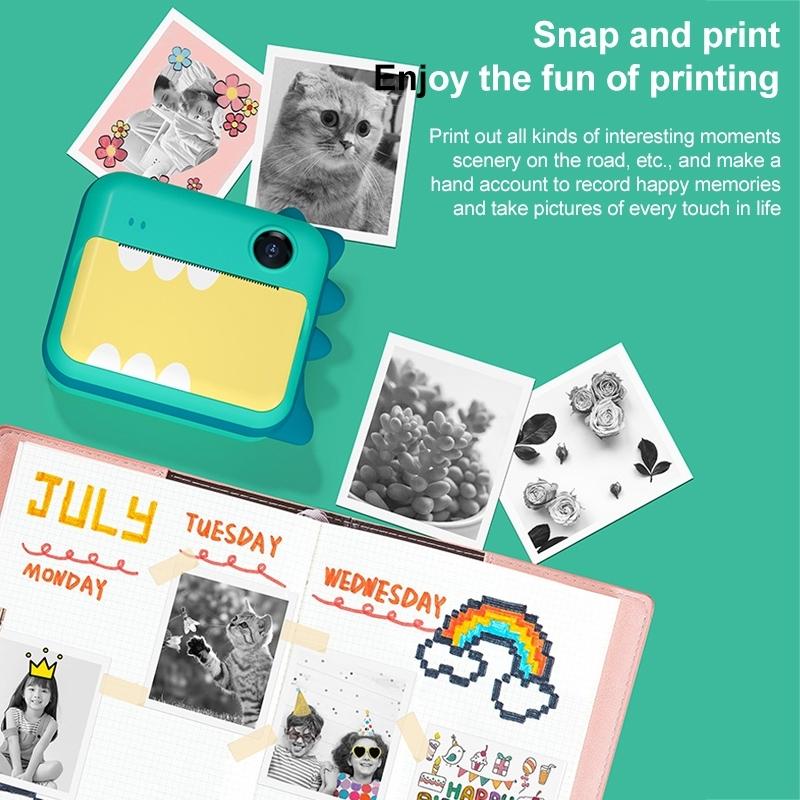 Instant Camera for Kids with Dual-Lens Mini Print | Green Dinosaur Design | Pink Cat | No Card