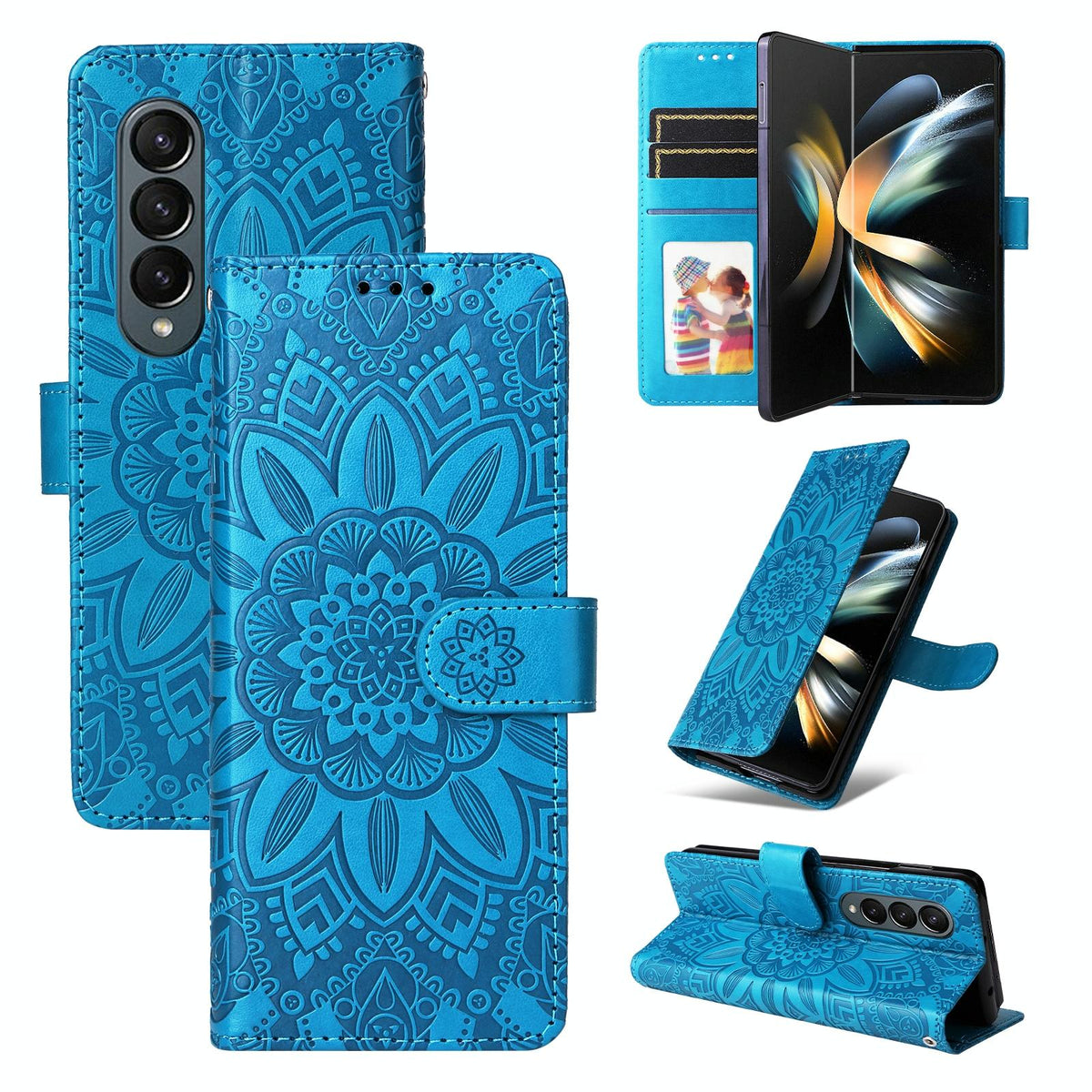 Sunflower Embossed Leather Phone Case | For Samsung Galaxy Z Fold 4 / 5G | Blue