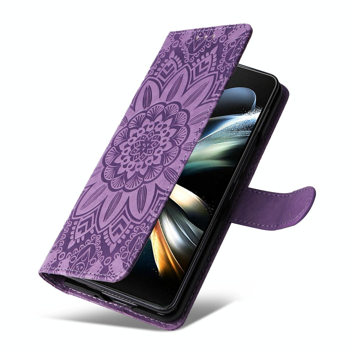 Sunflower Embossed Leather Phone Case | For Samsung Galaxy Z Fold 4 / 5G | Blue