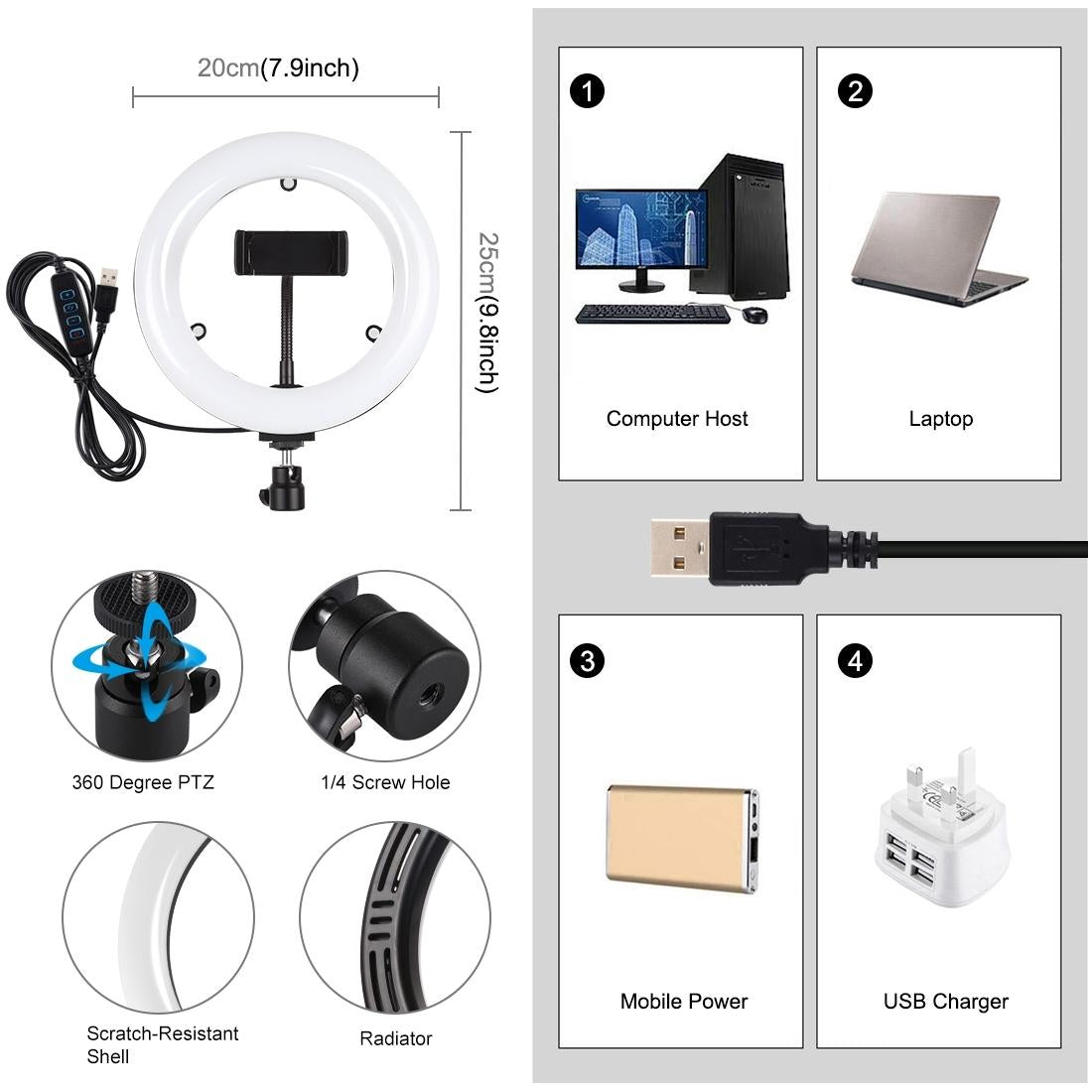 7.9" USB 3 Modes Dimmable Dual Colour LED Ring Light with Mirror for Vlogging and Photography | Black