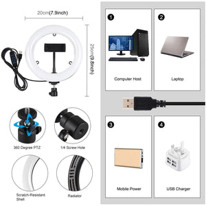 7.9" USB 3 Modes Dimmable Dual Colour LED Ring Light with Mirror for Vlogging and Photography | Black