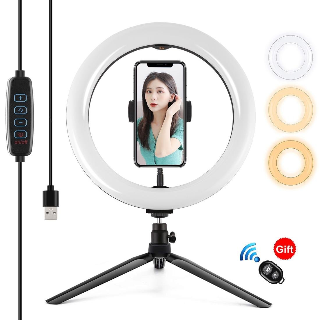 10.2" LED Ring Light with Tripod & Phone Clamp | 3 Modes Dual Colour Temperature Dimmable | Black