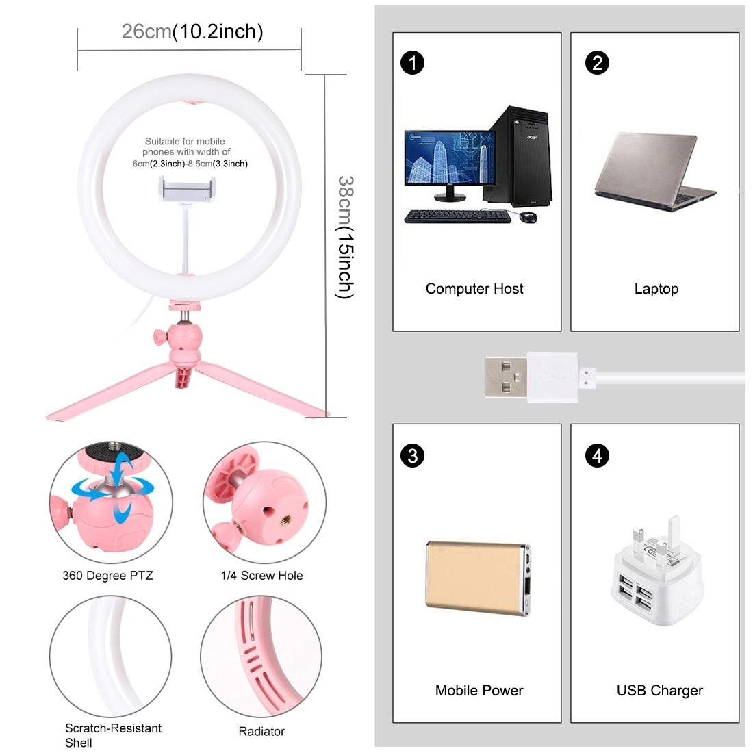 10.2" LED Ring Light with Tripod & Phone Clamp | 3 Modes Dual Colour Temperature Dimmable | Black
