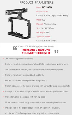 Canon R5 / R6 Video Camera Cage Stabilizer with Handle