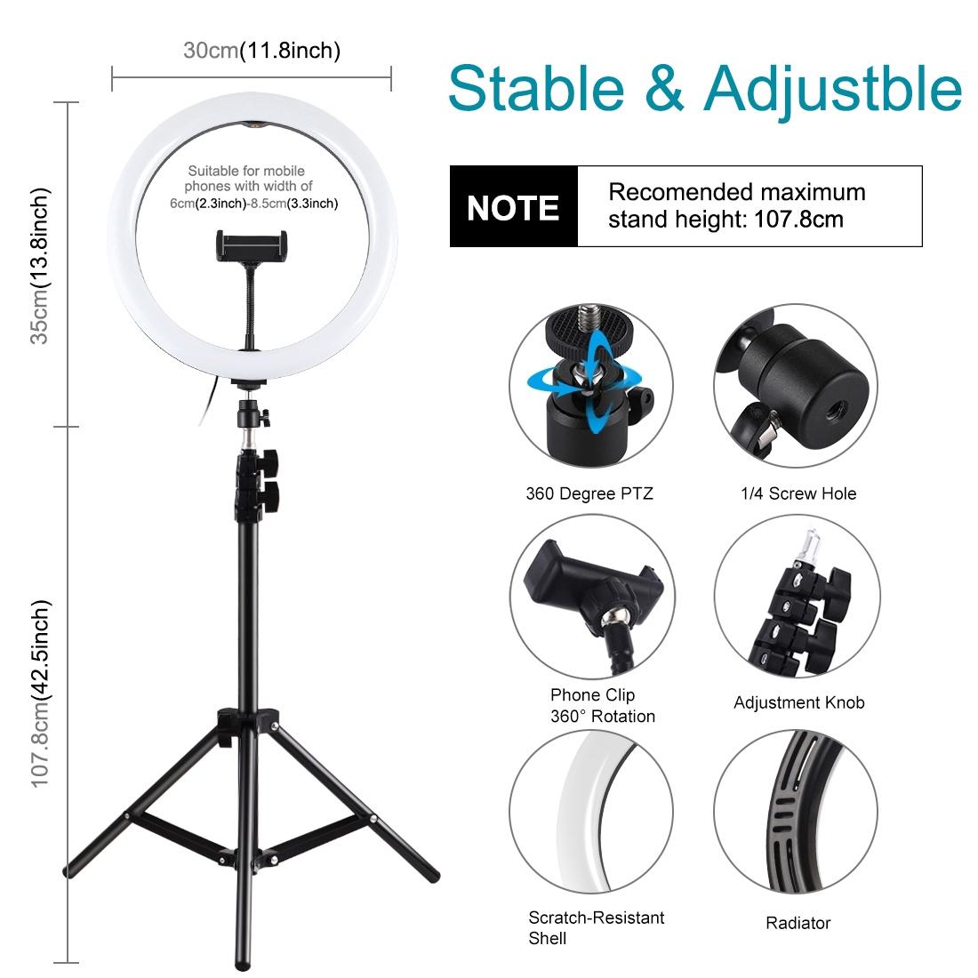 11.8" LED Ring Light Kit with Tripod & Phone Clamp