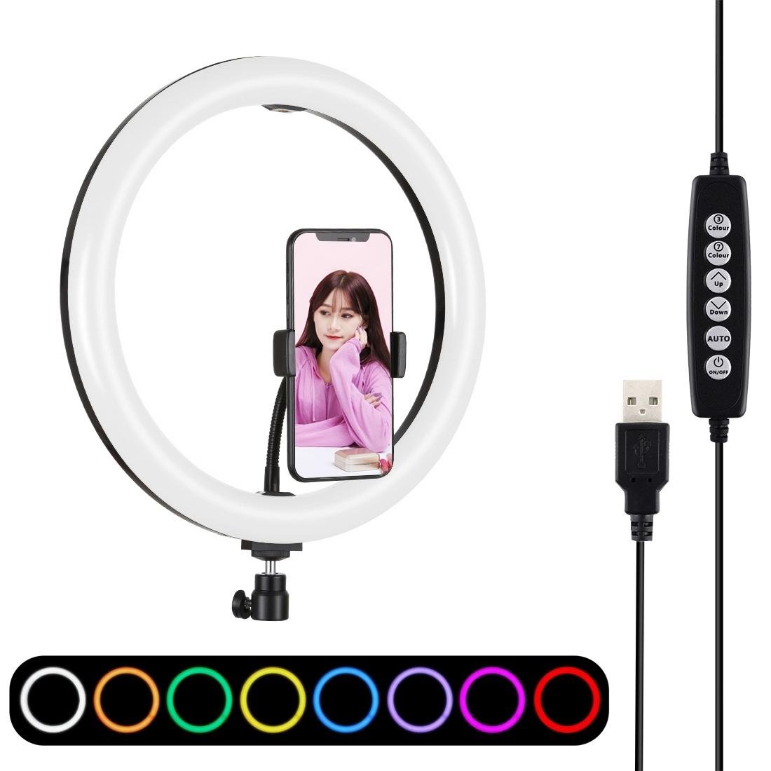 30cm Curved Surface LED Ring Light with Tripod & Phone Clamp | 10 Modes 8 Colours | USB Powered