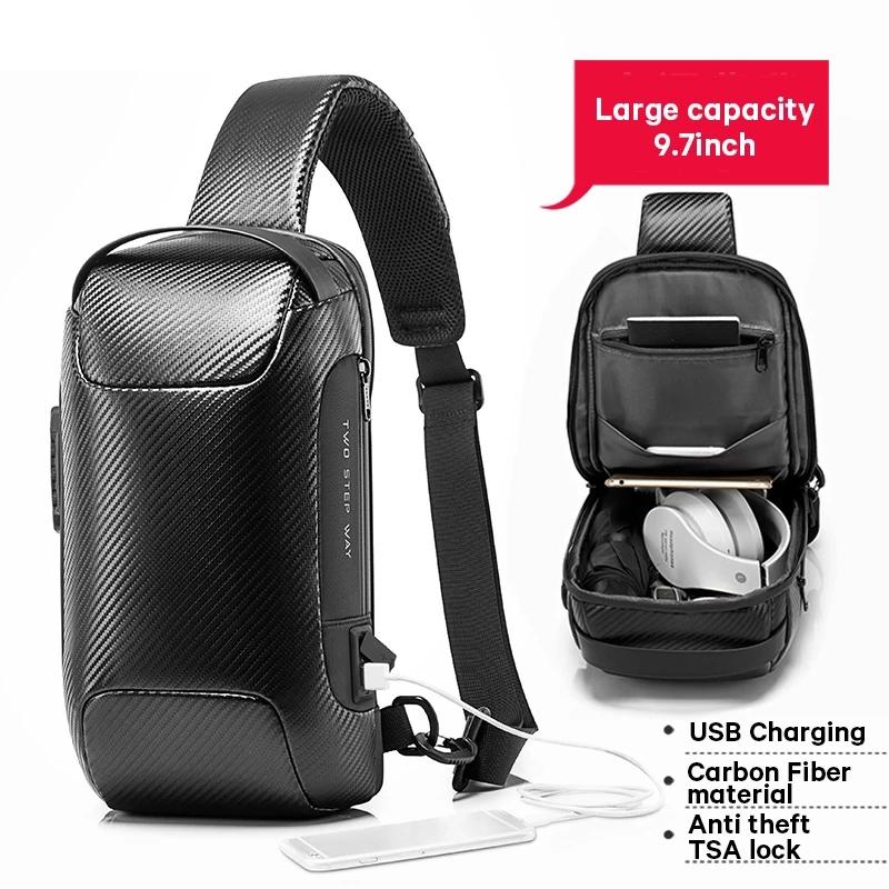 Carbon Fiber Anti-Theft Waterproof Crossbody Chest Bag for Men & Women | 34 x 18 x 10cm | Black