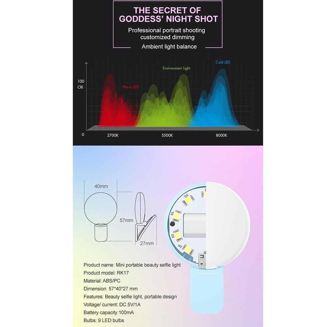 Portable Mini Beauty Light for Smartphones | 3 Brightness Levels | 9 LEDs Warm/White | iPhone, Galaxy, Huawei, Xiaomi, LG, HTC | Black