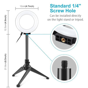 12cm Ring Light | Desktop Tripod | Selfie Stick Mount | USB LED | Beauty Vlogging | Photography & Video Lighting Kit | Black
