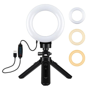 USB 3 Modes Dimmable LED Ring Light & Pocket Tripod Kit with Cold Shoe Ball Head | 4.7 - Inch Diameter